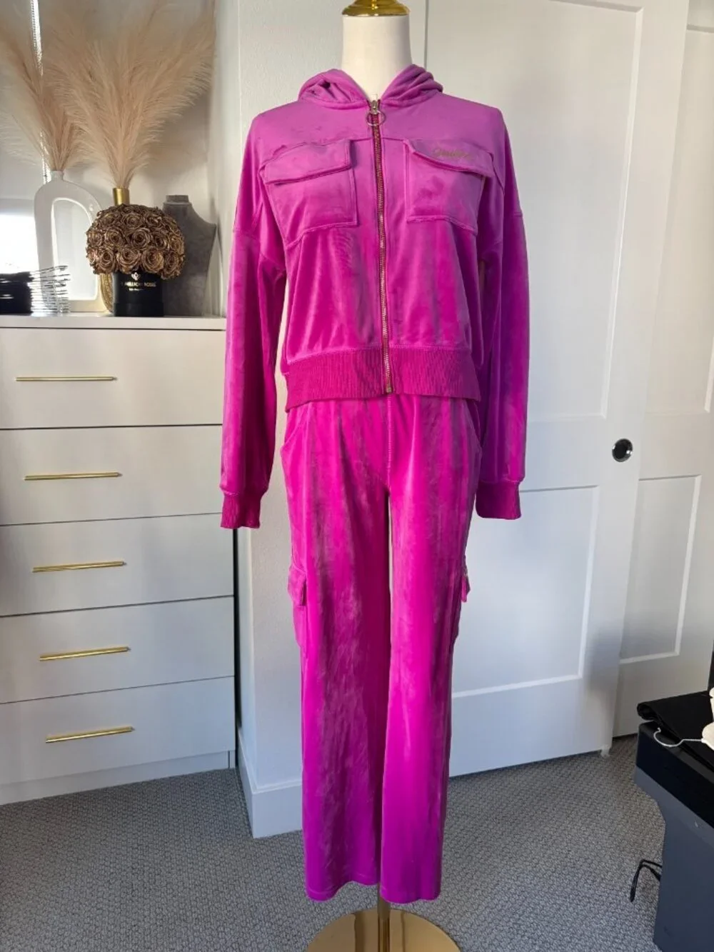 Y2K Justice Hot Pink Tracksuit Full Zip Hoodie w/ Pants Girls Size Large Pockets